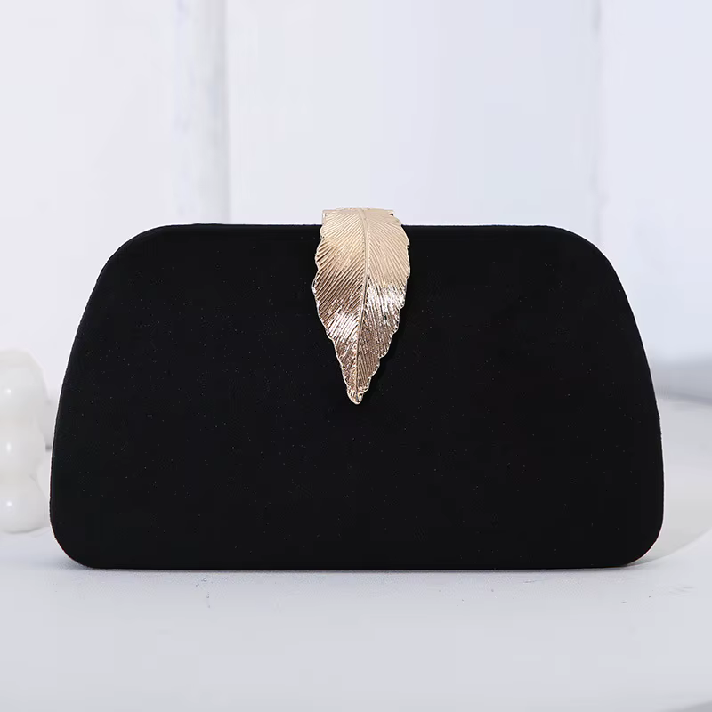 Pochette de soirée élégante en velours avec détail feuille métallique, sac à main pour mariage, fête
