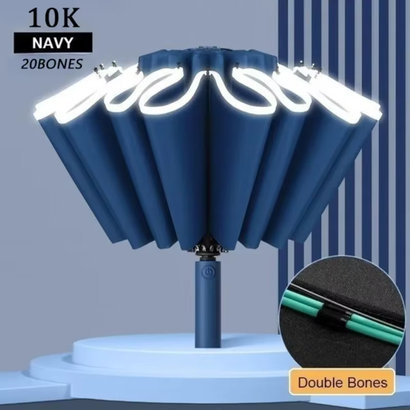 Parapluie pliant inversé entièrement automatique pour hommes et femmes, avec bande réfléchissante co