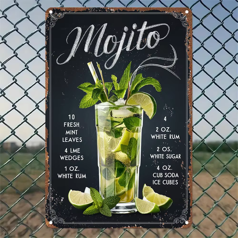 Enseigne murale en aluminium vintage avec recette de Mojito - 20,32x30,48 cm Décoration de bar rétro