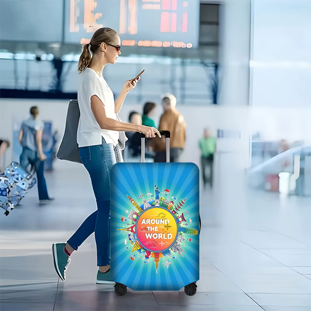 1 housse de bagage à imprimé voyage autour du monde, pour bagages de 18 à 32 pouces ; accessoires de