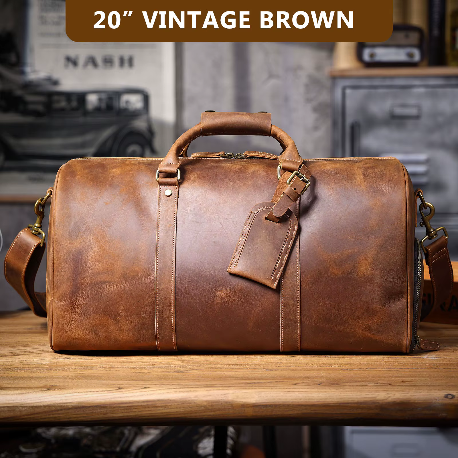 Sac de voyage vintage en cuir pleine fleur pour homme S.WORKER, sac de week-end artisanal