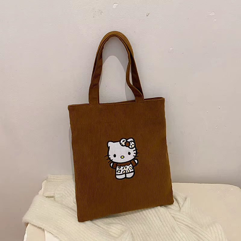 Sac à main en velours côtelé Sanrio Hello Kitty, marron, grande capacité, sac à bandoulière assorti 