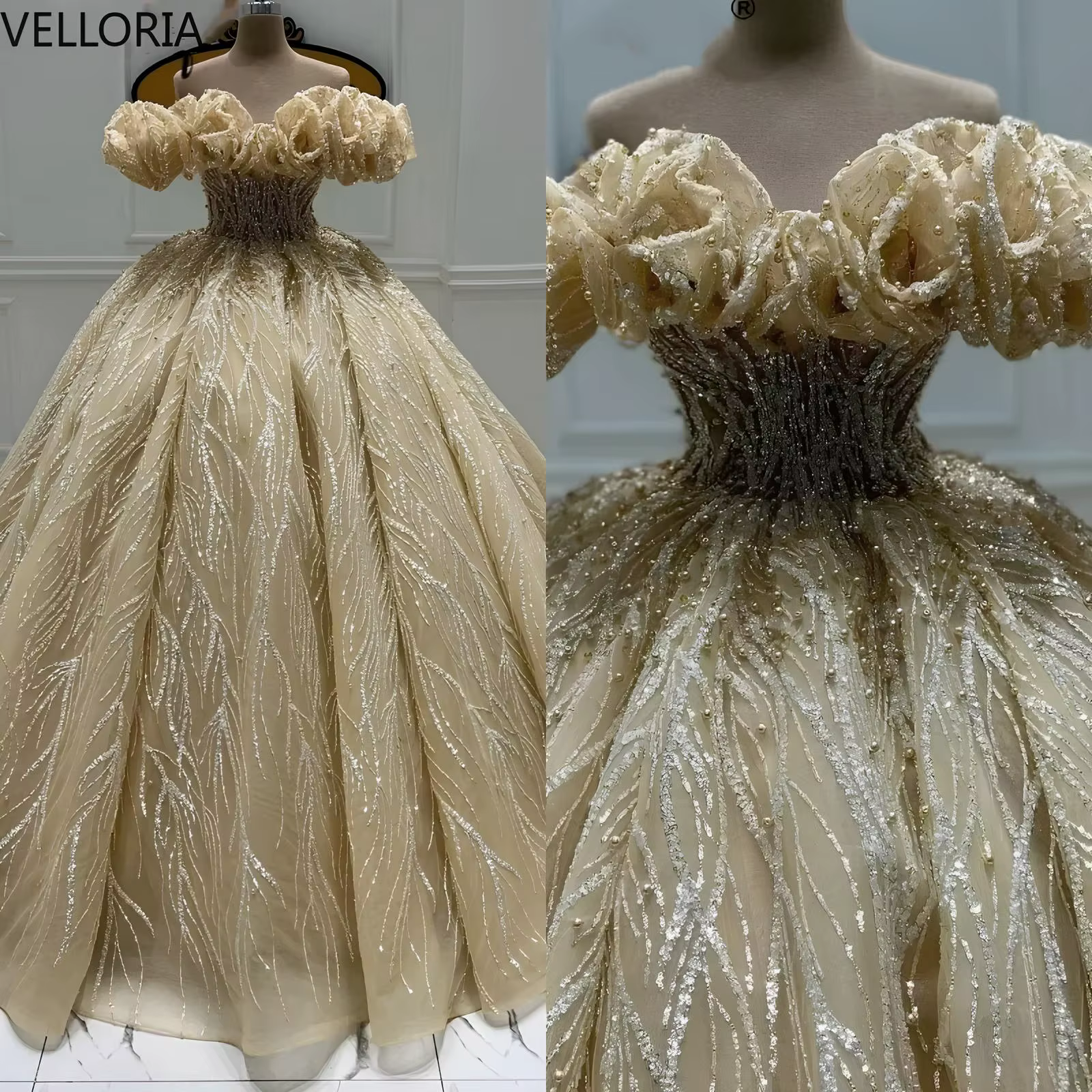 Robe de soirée exquise pour femmes, épaules dénudées, sans manches, paillettes, perles, traîne de ba