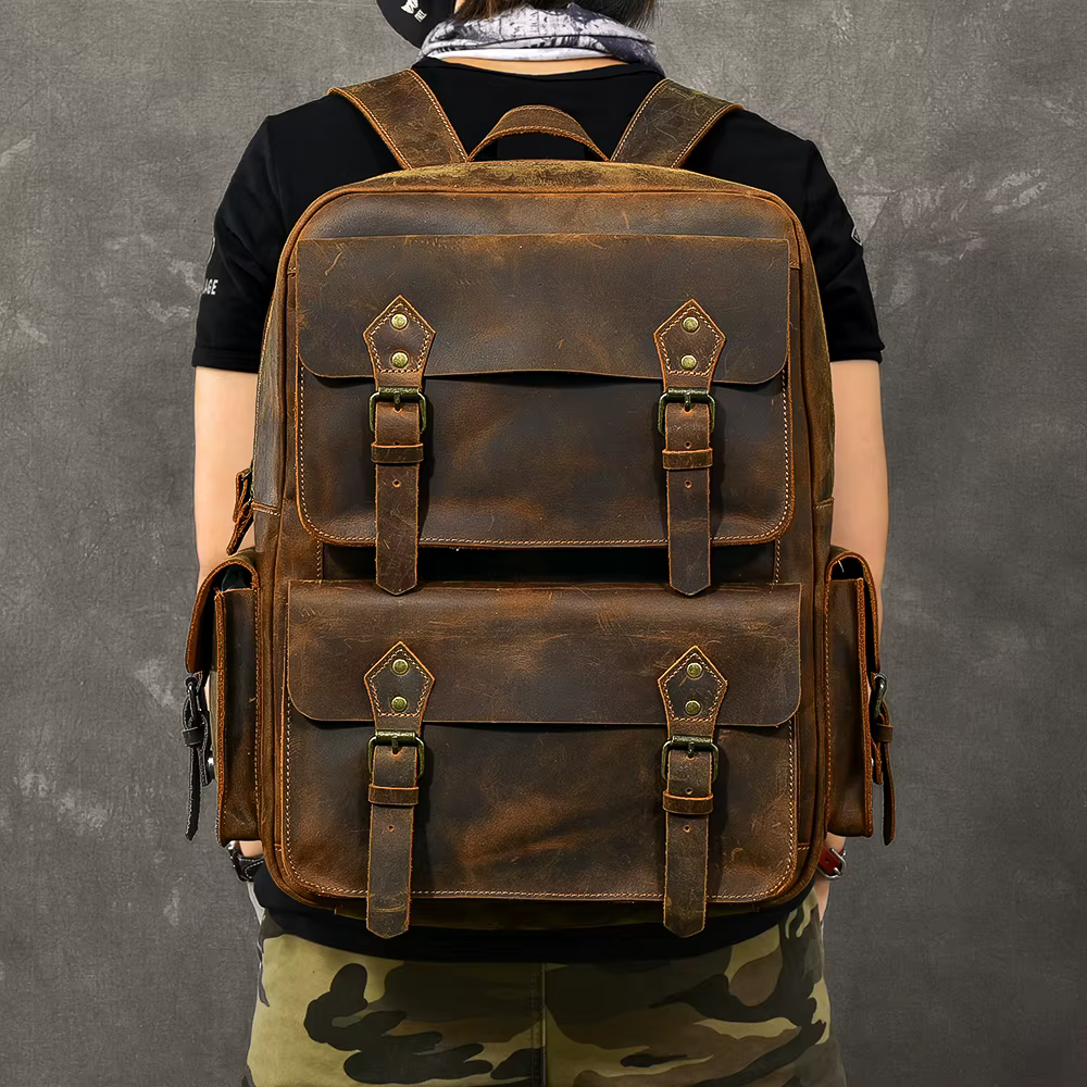 Vintage Crazy Horse sac à dos en cuir véritable hommes sac à dos en peau de vache randonnée sac à do