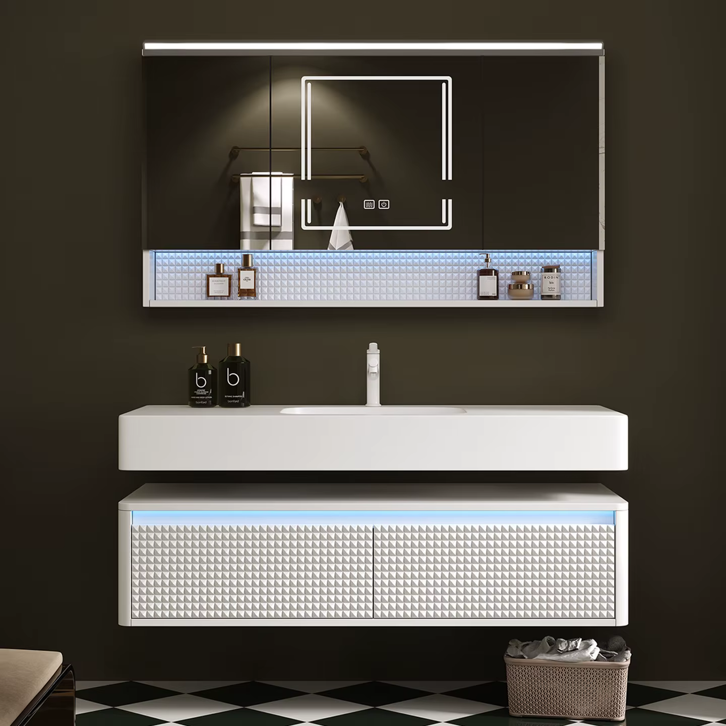 Meuble-lavabo de salle de bain avec vasque intégrée en Corian Dupont importé, finition peinture blan