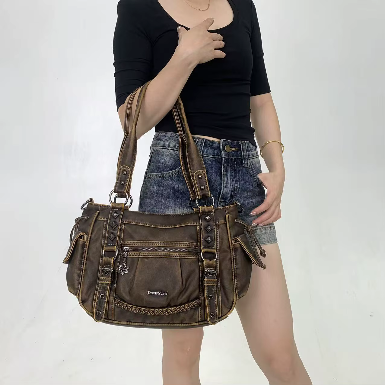 Sac fourre-tout vintage Y2K pour motardes, avec plusieurs poches et bandoulière personnalisée