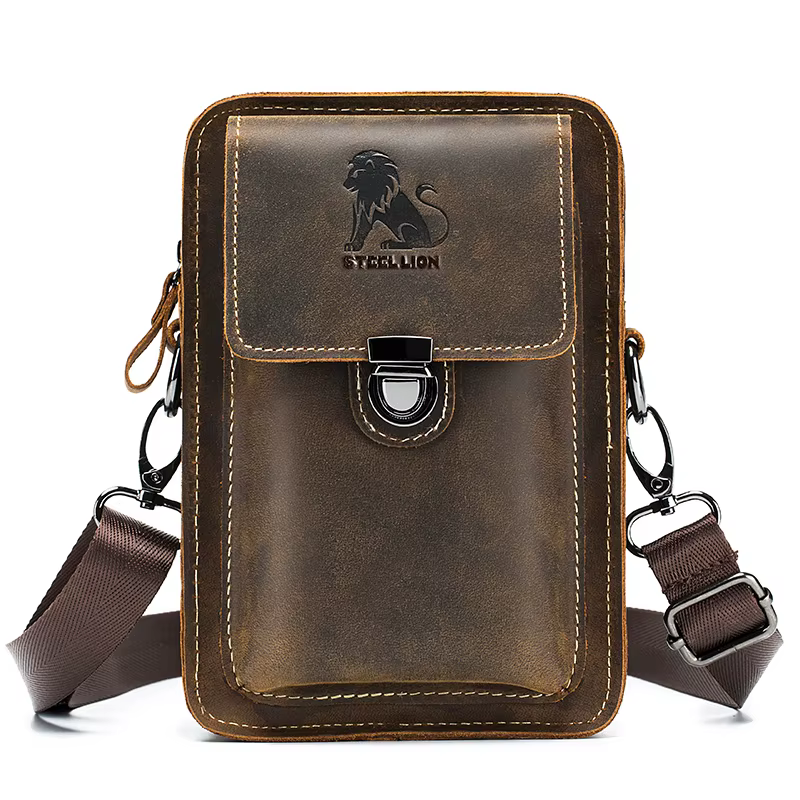 Crazy Horse peau hommes portant ceinture téléphone taille sac couche supérieure peau de vache multi 