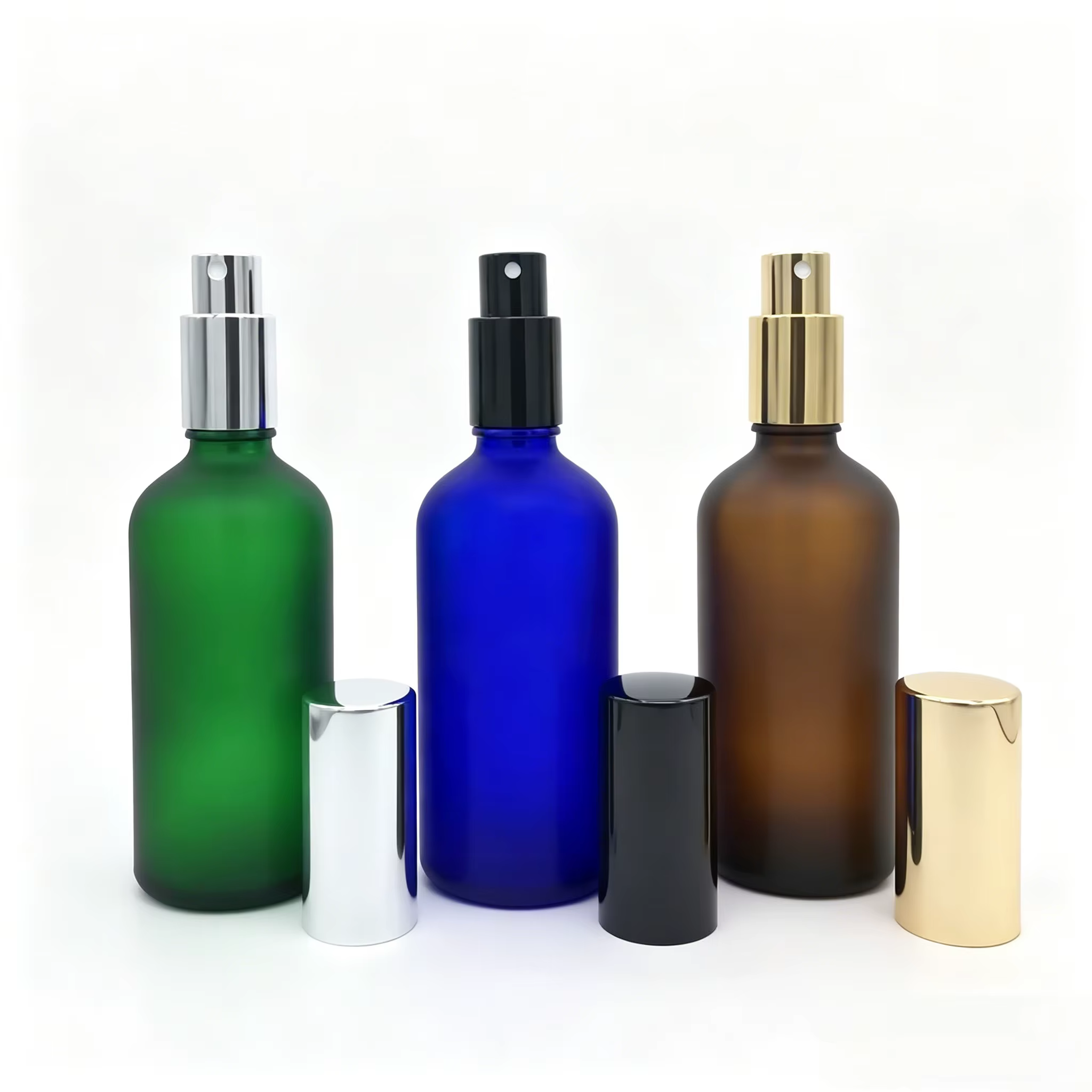 Bouteille de voyage 100ml, bouteille en verre dépoli Transparent ambre bleu vert avec pulvérisateur,