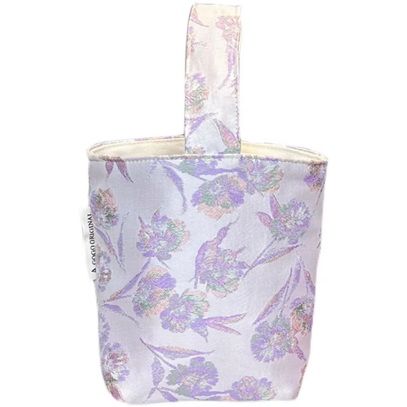 Sac fourre-tout mini en jacquard floral violet, sac à main portable avec poignée supérieure, petit s