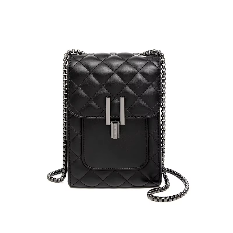 Sac de téléphone à chaîne en diamant noir à la mode, boucle de quincaillerie exquise ajoute une text