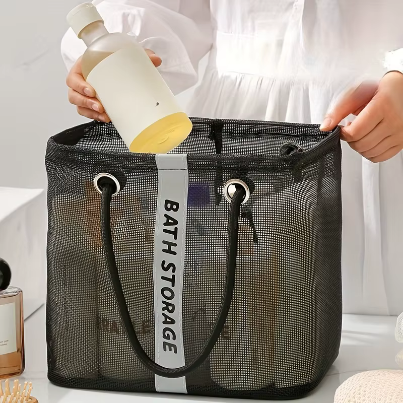 Sac de toilette portable en maille avec poignée, séchage rapide, grande capacité, pour salle de bain