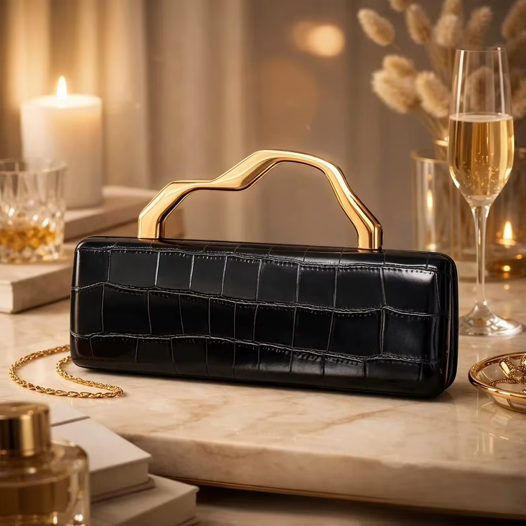 Pochette de soirée de luxe en PU à motif crocodile bordeaux avec poignée dorée pour femmes Sac à mai