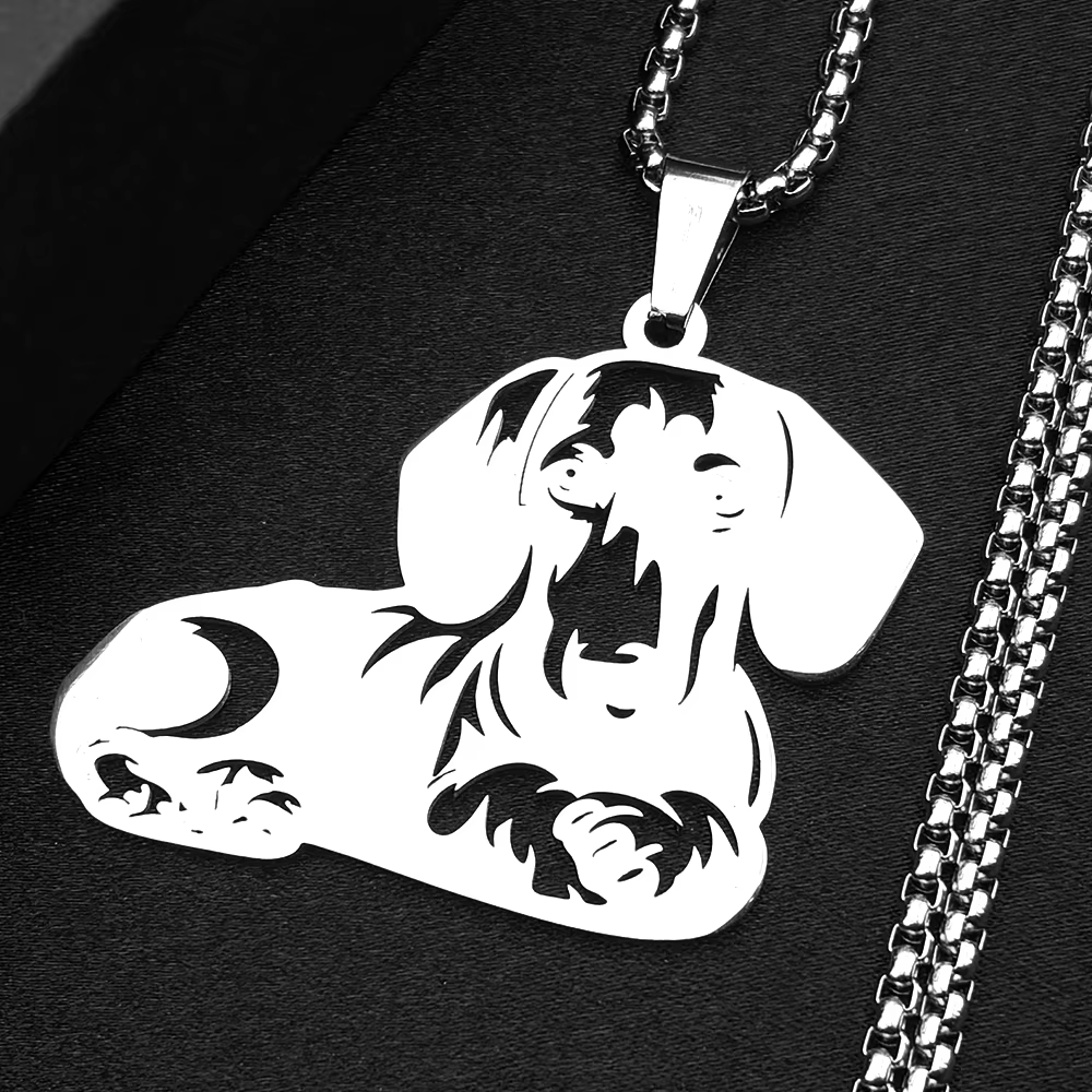 Chaîne de collier en forme de chien Teckel pour femmes et hommes, en acier inoxydable couleur argent
