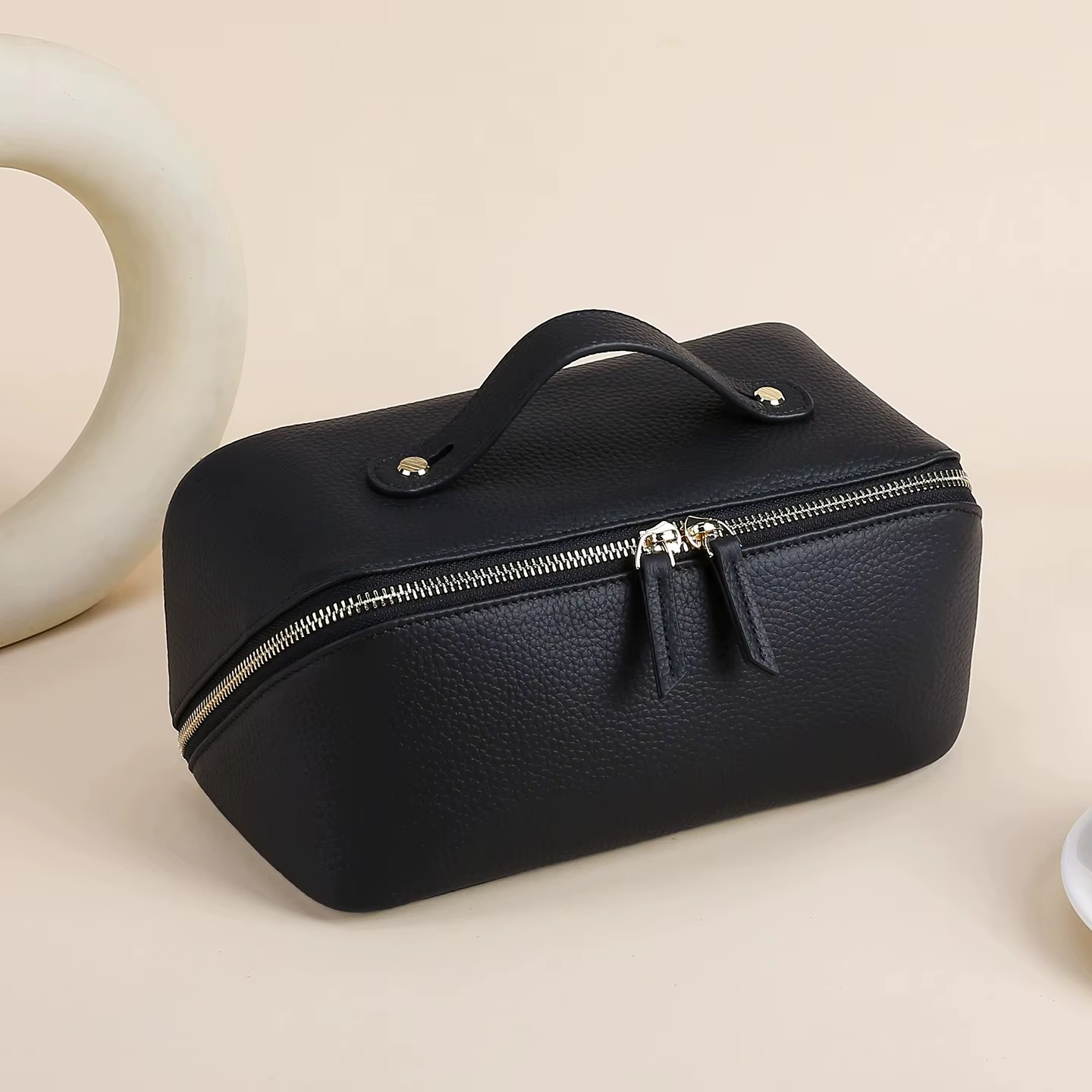 Sac à cosmétiques en cuir véritable de grande capacité pour femme ou fille, sac de maquillage en cui