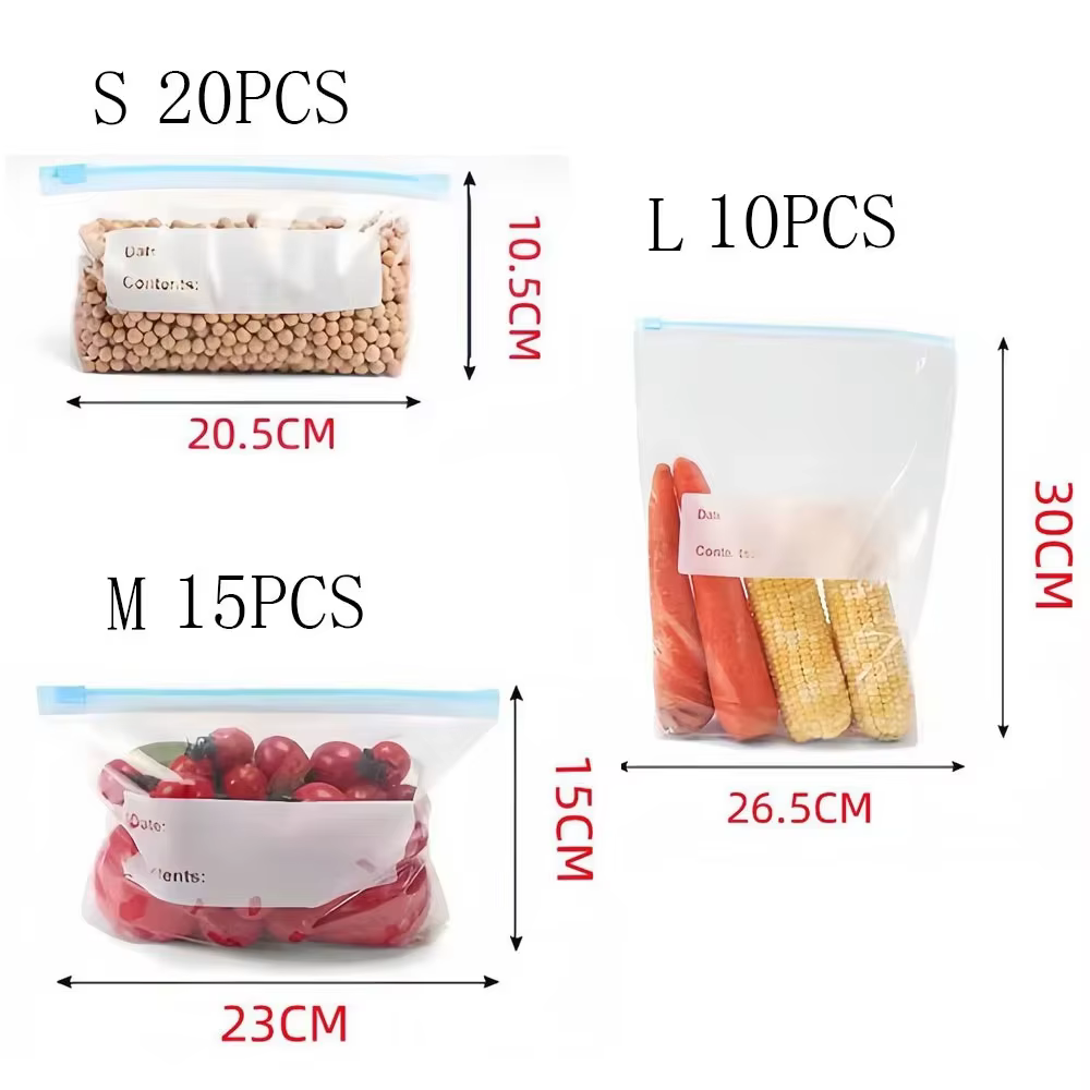 Sac frais réutilisable à fermeture éclair, 45 pièces, sacs en plastique pour aliments, sacs pour fru