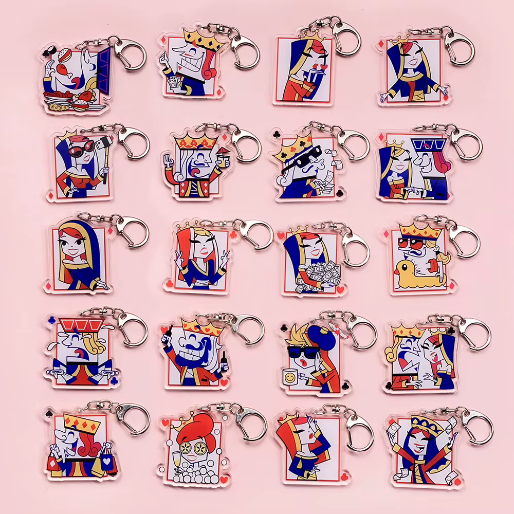 20 figurines de poker (Roi, Reine, Jack) en acrylique, porte-clés, pendentifs mignons pour sac à dos