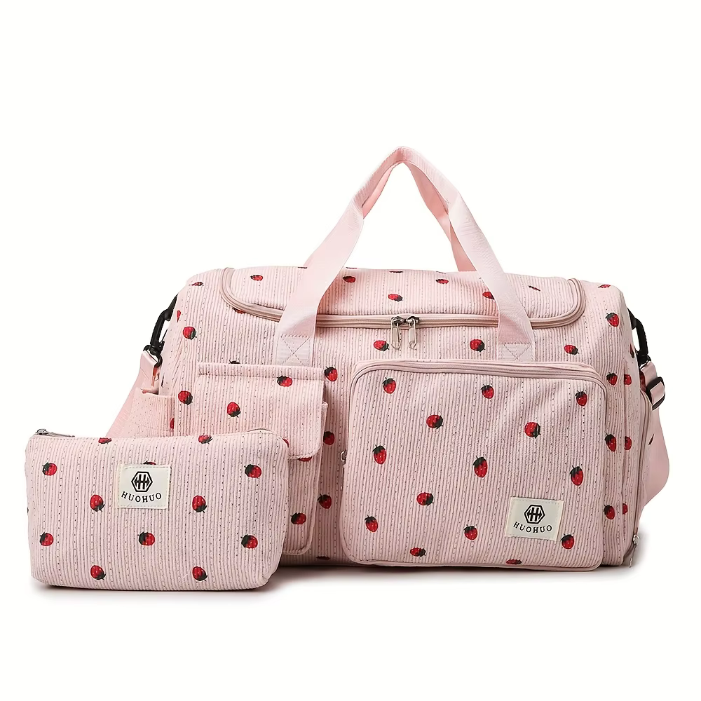 Sac de voyage fraise, sac à bagages en velours côtelé de grande capacité, sac à bandoulière léger, s