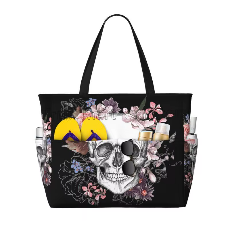 Grand sac de plage étanche pour femme, crâne de sucre, fleur d'Halloween, sac fourre-tout de piscine