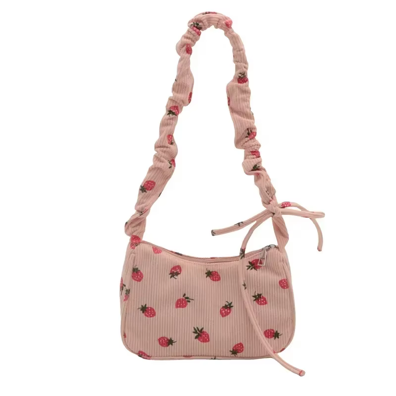 Petit sac sous les bras pour femmes, sac à main en velours côtelé, mignon imprimé fraise, petit four