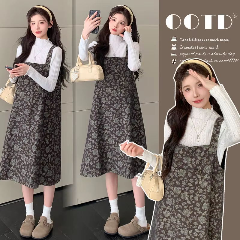Costume de maternité, nouveau Style français, robe à bretelles imprimée douce et pull à col roulé bl