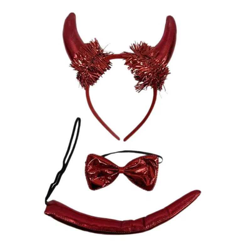 PACK 39BD 3 bandeaux cornes rouges diable avec des arcs des queues pour fête d'Halloween