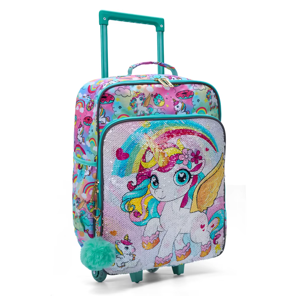 Valise de voyage à roulettes pour enfants, valise à main verte, design de dessin animé mignon et de 