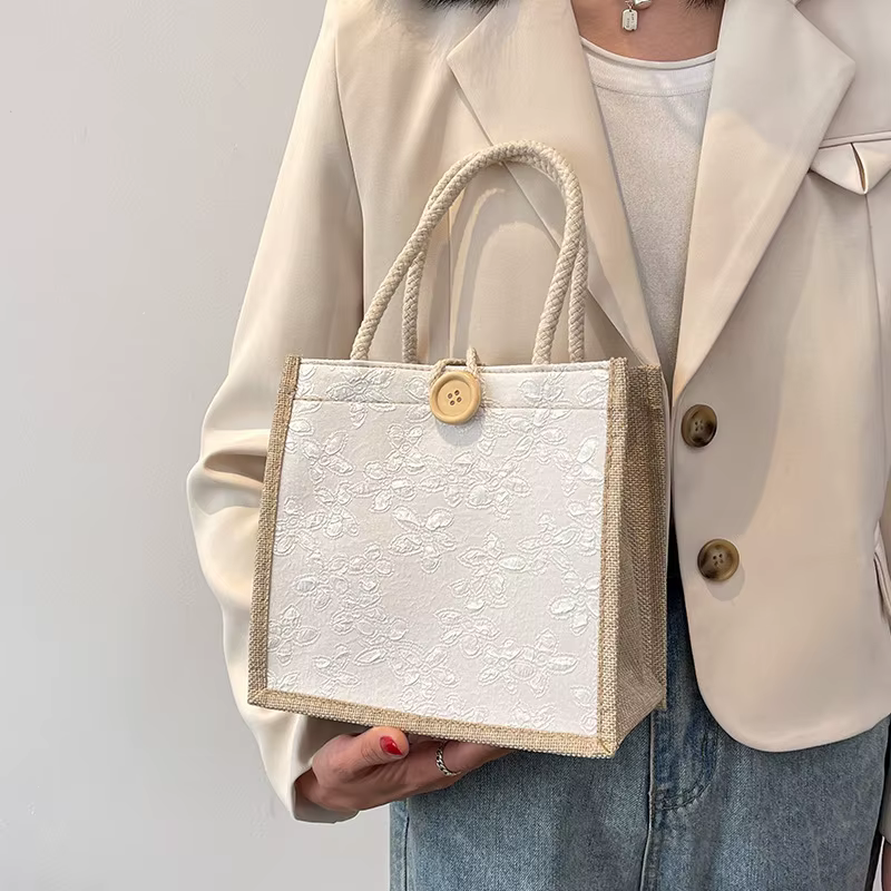 Sac fourre-tout en lin vintage pour femmes, sacs à main de plage d'été, sac de bricolage rétro, sac