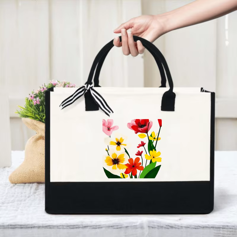Sac fourre-tout en toile de fleurs colorées à imprimé floral blanc et noir pour un usage quotidien, 