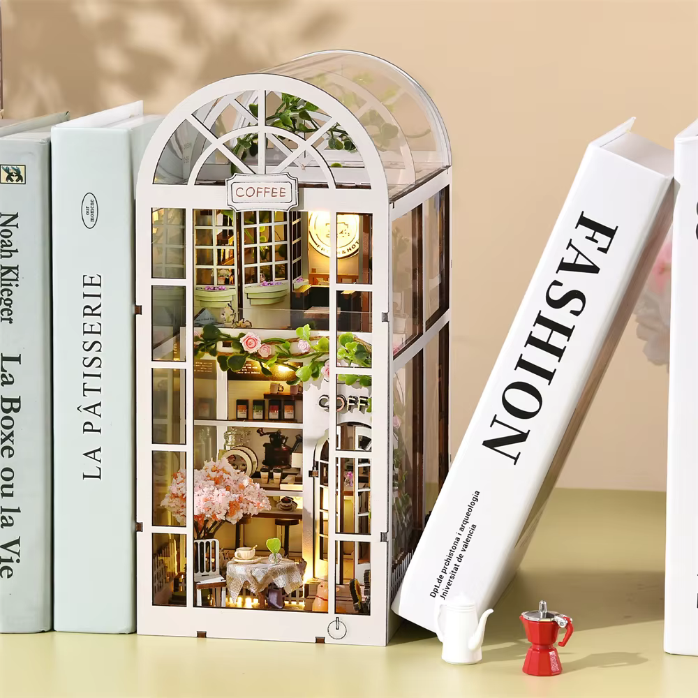 Kit de coin de livre en bois 3D, café, salle de la lumière du soleil, maison de courses, puzzle l'in