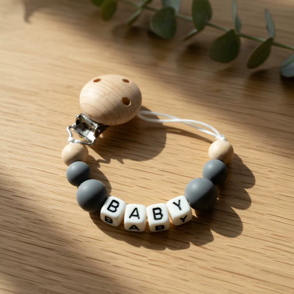 Attache-tétine personnalisée pour bébé avec nom, perles couronne en silicone, support en bois en for
