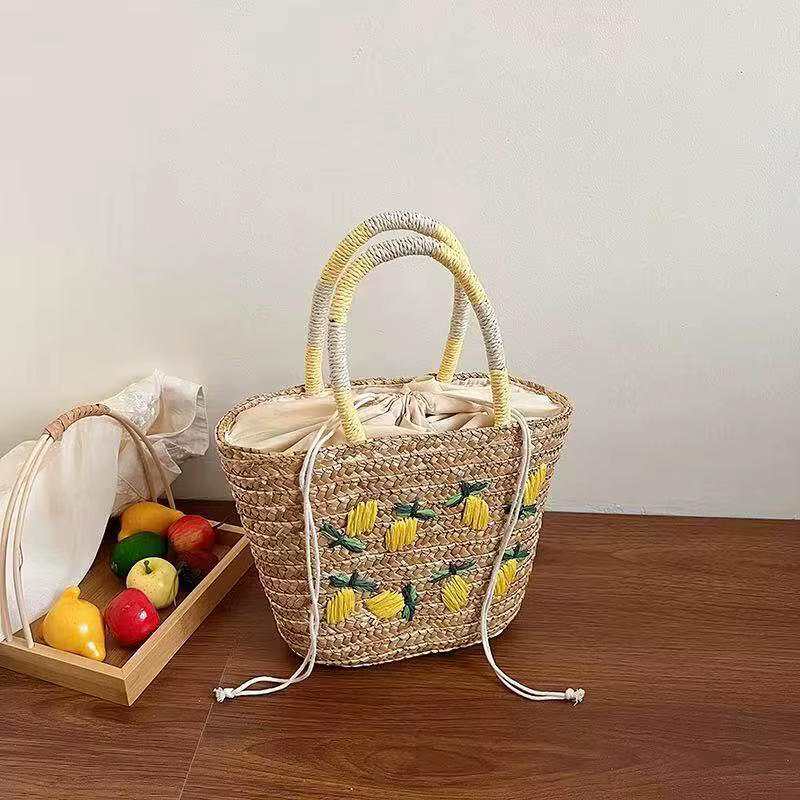 Sac en paille artisanal grande capacité, motif citron brodé, style vacances à la plage, sac fourre-t