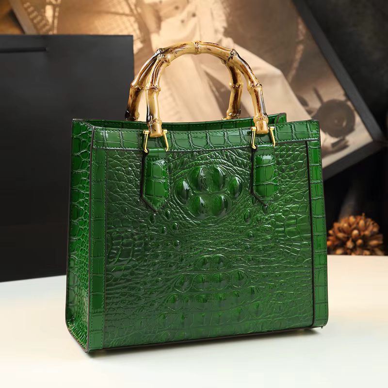 Sacs à main en cuir motif Crocodile pour femmes, fourre-tout Portable à poignée supérieure en bambou