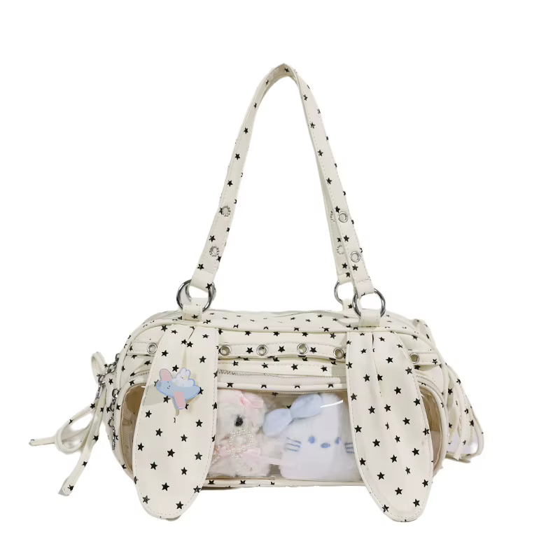 Sac Boston à pois avec oreilles de lapin mignonnes, sac à main polyvalent à poignée supérieure et ba