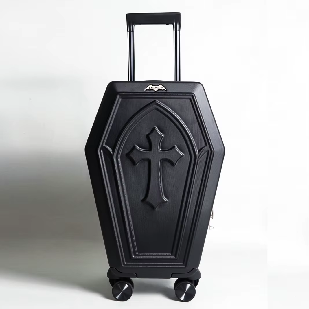 NOUVELLE Valise Rigide à Motif Croix Gothique 3D en Relief, Design Cercueil Résistant aux Rayures