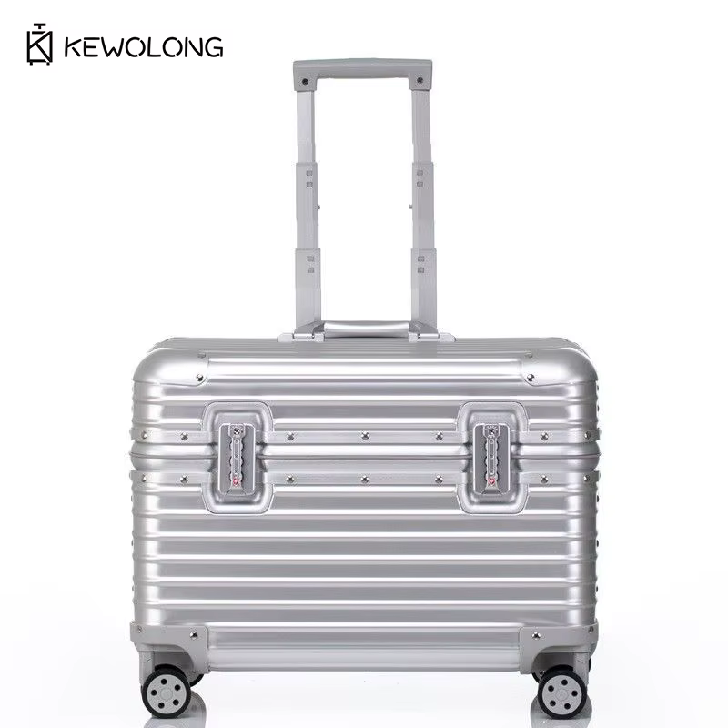 Valise en aluminium à coins arrondis, bagage cabine rigide à ouverture par le haut avec roulettes à 
