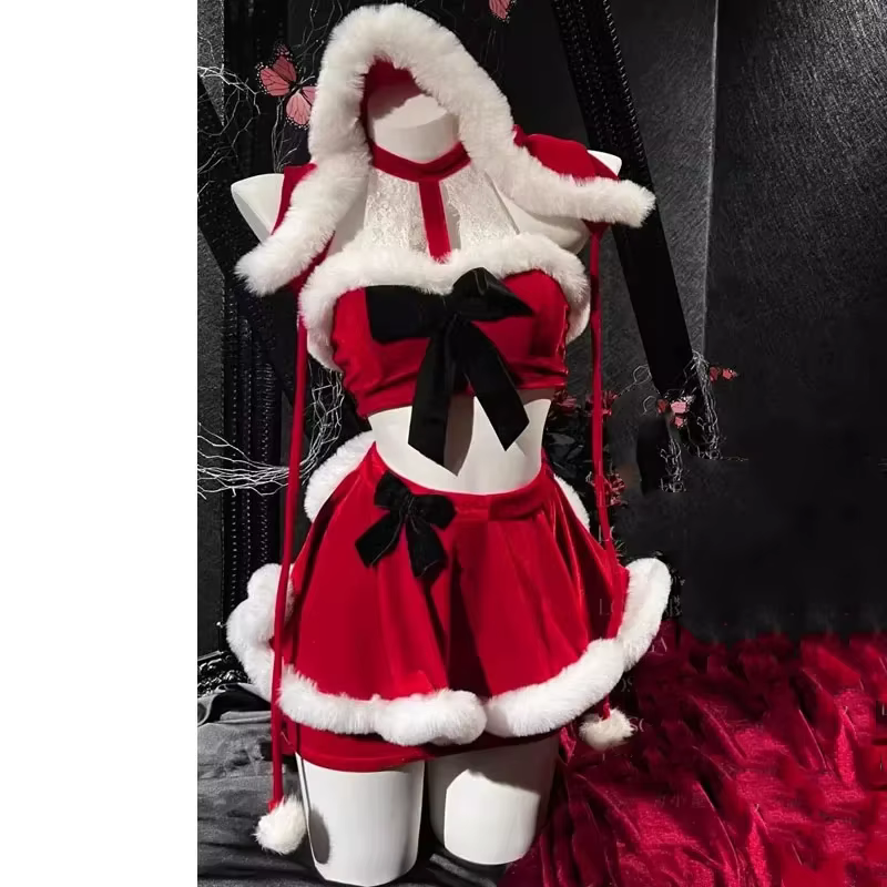 Costumes de Noël pour femmes, haut à col en face avec chapeau, ensemble de robe de paupières, fête d