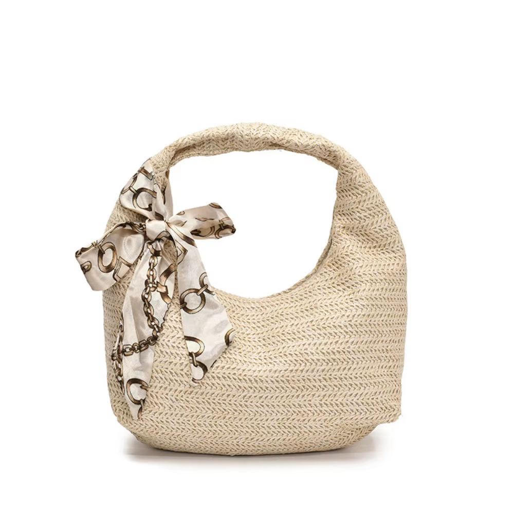 Sac à main tendance grande capacité en paille tressée avec foulard en soie, sac fourre-tout demi-lun