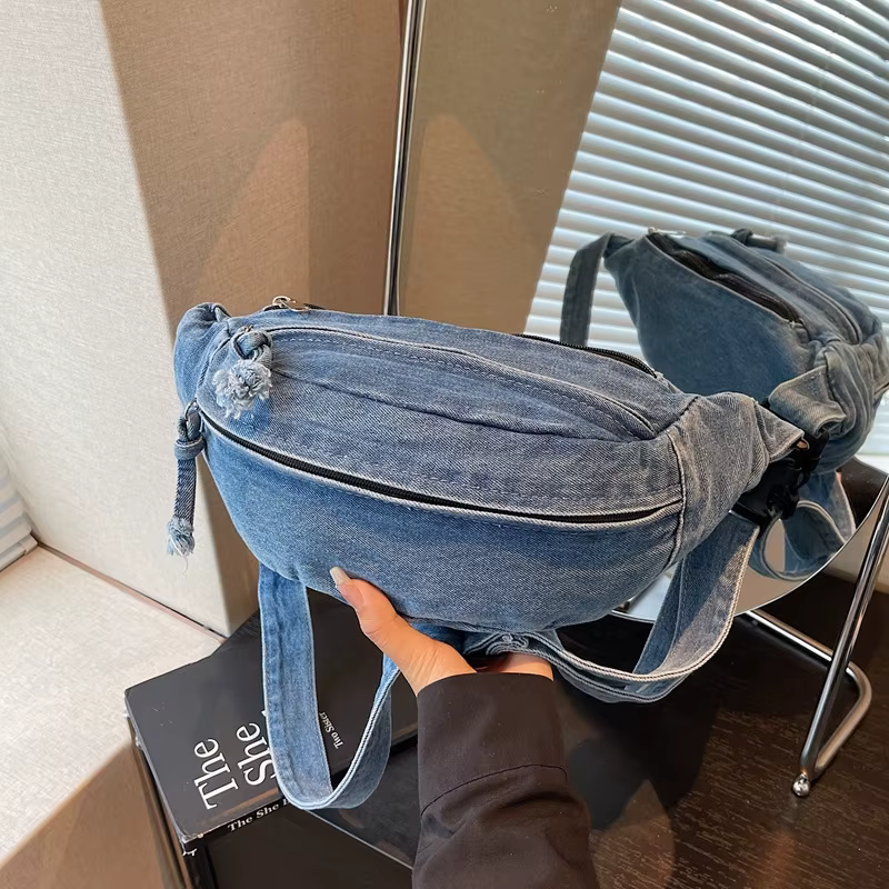 Sac bandoulière rétro en jean pour femme, sac banane portable pour le sport et les trajets quotidien