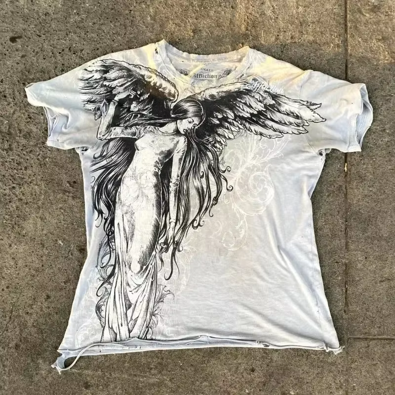 Affliction rouge manches courtes hommes femmes Y2K rétro décontracté haute rue pur coton T-shirts no