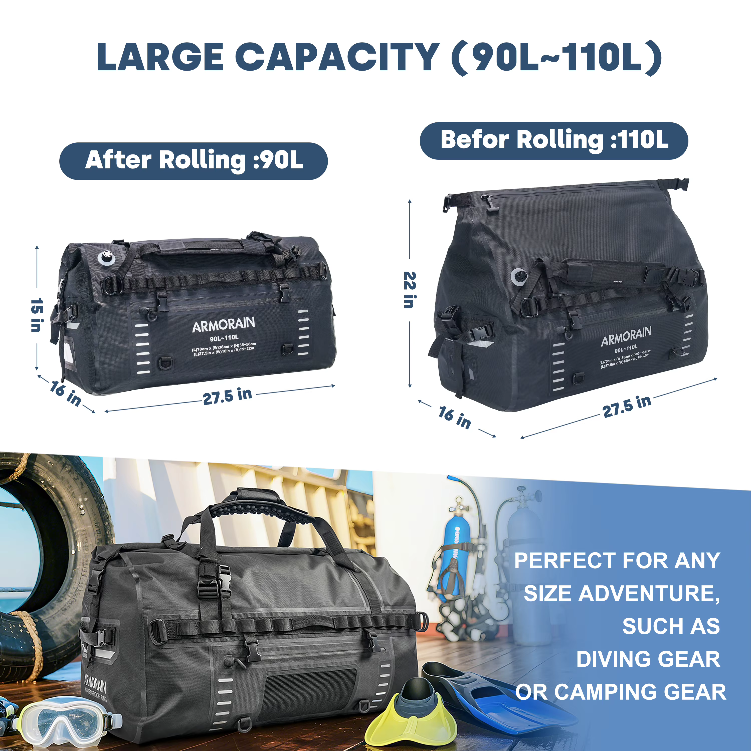 Sac de voyage étanche IPX8 100L 120L grande capacité avec sangle gonflable durable pour les longs tr
