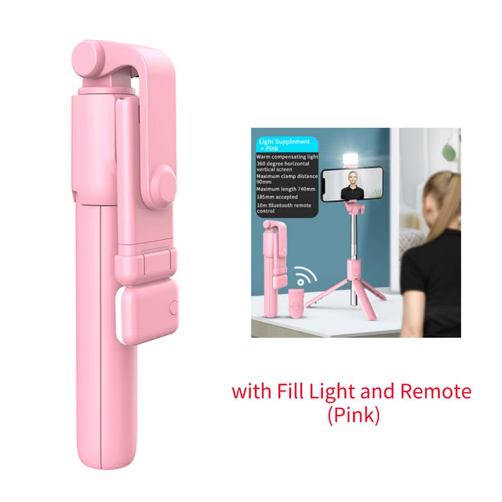 Trépied Portable Bluetooth pour perche à Selfie, avec obturateur à distance, lumière de remplissage,