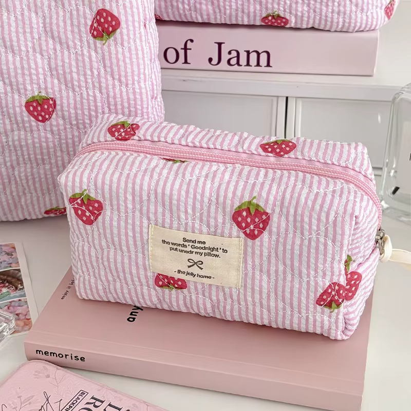 Sac à cosmétiques matelassé rose fraise pour femmes, organisateur de voyage Portable, pochette de ra