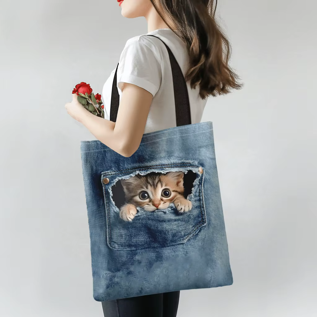 Sac de rangement chat chercher à travers les jeans, sac à main à motif de poche, fourre-tout en form