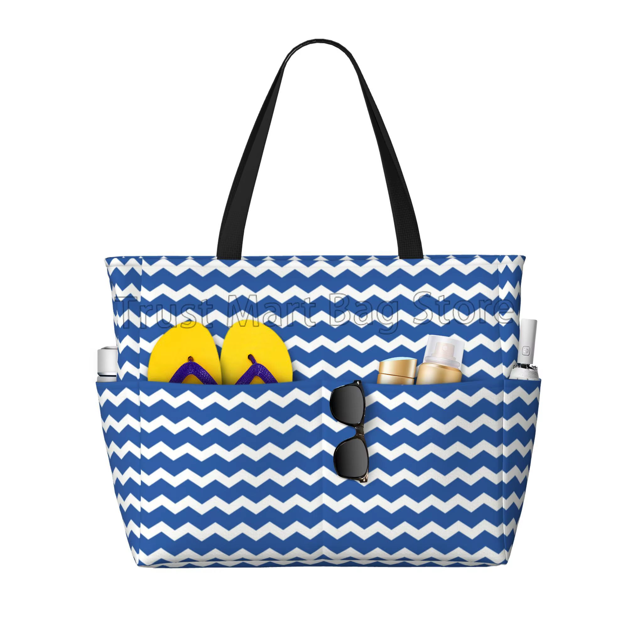 Grand sac de plage bleu rayé pour femme, étanche, sac fourre-tout anti-sable, sac de piscine avec fe