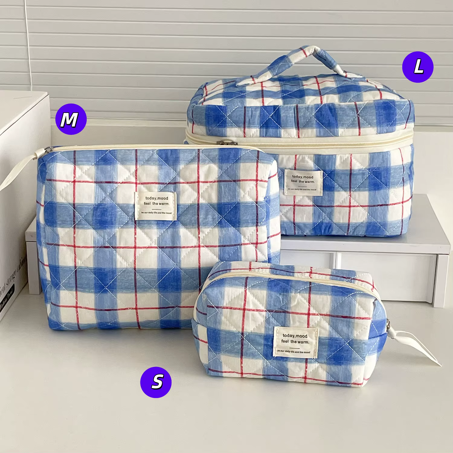 Trousse de toilette rétro polyvalente YT avec motif à carreaux rouge et bleu et nœud rose, haute val