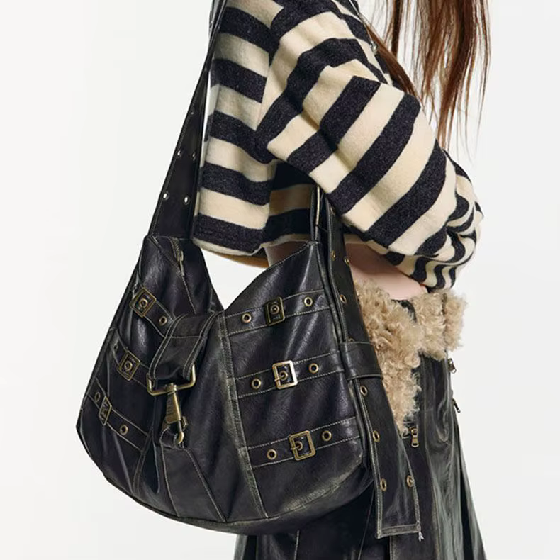 JIAERDI Vintage Rivet noir sac à main femmes Y2k Grunge cuir Chic grande capacité sac fourre-tout fe
