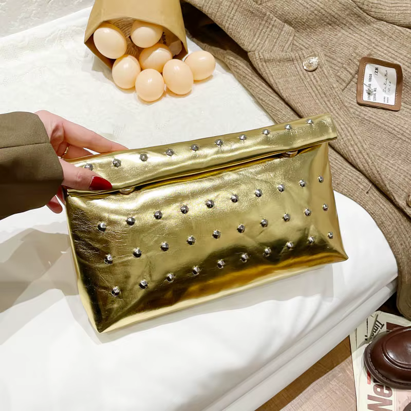 Pochette de luxe légère en cuir PU scintillant, sac de soirée à rivets, couleur unie, sac à main pou