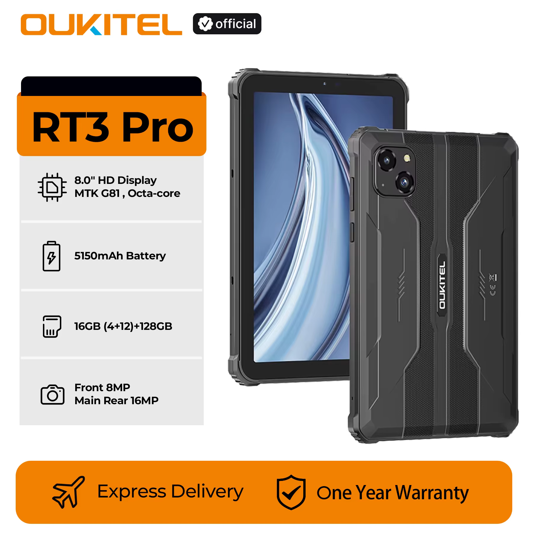 Oukitel RT3 PRO Batterie 5150mAh 16 Go + 128 Go Écran HD 8 "Profil ultra fin 13.9mm IP68 & IP69K & M
