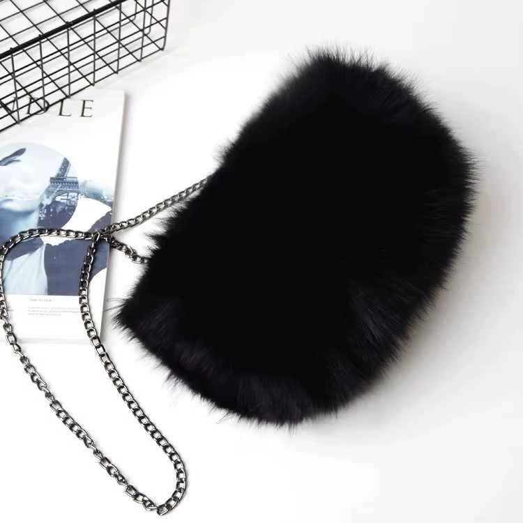 Sac à main avec chaîne de couleur Pure pour femmes, sac à bandoulière en vraie fourrure de renard, c