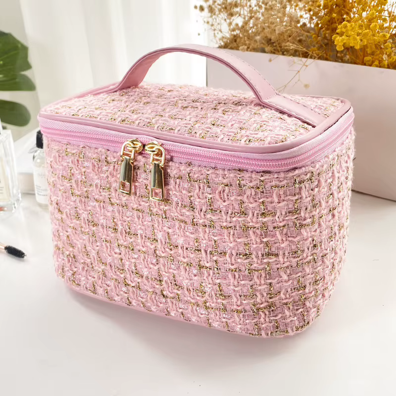 Sac à cosmétiques chic en tweed, grande capacité, sac à main, organiseur de toilette de voyage, poch